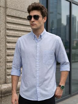 KUONS AVENUE - Men's Sky Blue Stripes Linen Cotton Casual Shirt