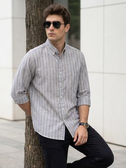 KUONS AVENUE - Men's Blue Stripes Linen Cotton Casual Shirt