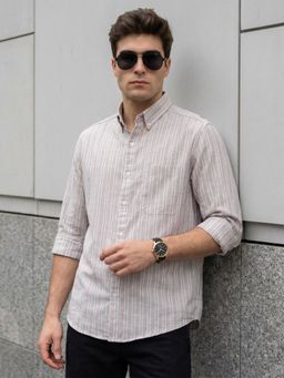 KUONS AVENUE - Men's Nude Pink Stripes Linen Cotton Casual Shirt