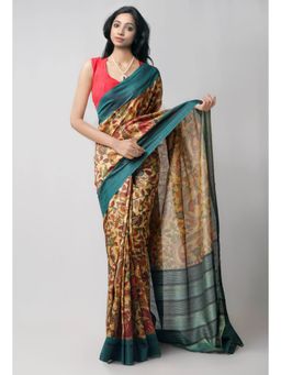 Unnati Silks - Beige Kalamkari Silk Saree with Unstitched Blouse
