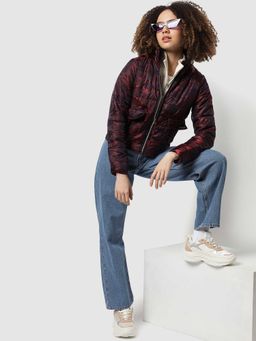 Campus Sutra - Red Camouflage Puffer Bomber Jacket