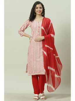 Biba - Red & White Chanderi Unstitched Suit (Set of 3)