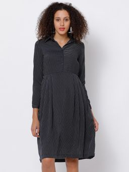 TOKYO TALKIES - Womens Navy Blue Stripes Fit & Flare Dress