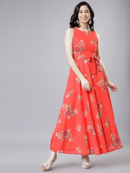 TOKYO TALKIES - Womens Floral Red Belted Maxi Dress