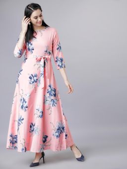 TOKYO TALKIES - Pink Floral Print Maxi Belted Dress