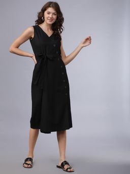 TOKYO TALKIES - Womens Black Solid Fit & Flare Belted Dress (Set of 2)