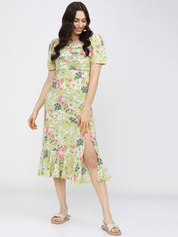 TOKYO TALKIES - Green Lily Floral A-Line Midi Dress