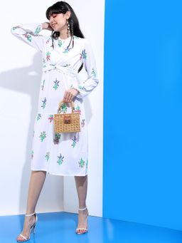 TOKYO TALKIES - White Floral Crepe A-Line Dress