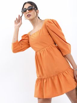 TOKYO TALKIES - Brown Square Neck Puff Sleeves Ruched Sheath Dress