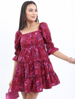 TOKYO TALKIES - Floral Printed Square Neck Fit & Flare Mini Dress