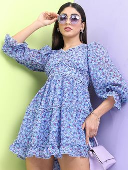 TOKYO TALKIES - Blue V-Neck Floral Mini Dress