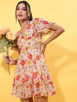 TOKYO TALKIES - V-Neck Floral Printed Smocked Cut Out Tiered Mini A-Line Dress
