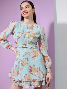 TOKYO TALKIES - Layered Pleats Floral Printed Puff Sleeve Fit & Flare Dress