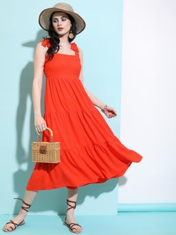 TOKYO TALKIES - Red Gathered Tiered Fit & Flare Midi Dress