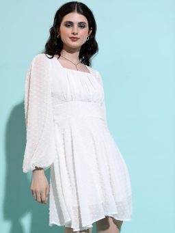 TOKYO TALKIES - Cream Self Design Pleated Fit & Flare Mini Dress
