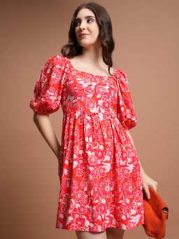 TOKYO TALKIES - Red Floral Printed Puff Sleeves Gathered Fit & Flare Mini Dress