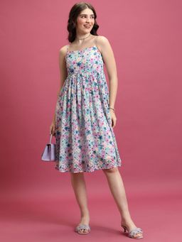 TOKYO TALKIES - Blue Floral Shoulder Straps Fit & Flare Dress