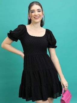 TOKYO TALKIES - Black Puff Sleeve Dobby Tiered Fit & Flare Back Cut Out Mini Dress