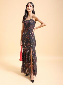 TOKYO TALKIES - Black Floral Printed Shoulder Straps Layered Maxi Dress