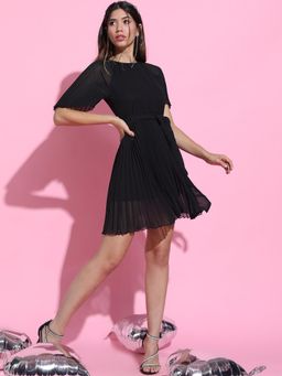 TOKYO TALKIES - Womens Solid Black Belted Mini Dress (Set of 2)