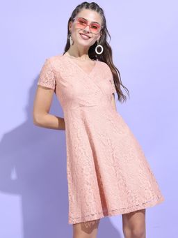 TOKYO TALKIES - Womens Peach Self Design Lace Wrap Dress