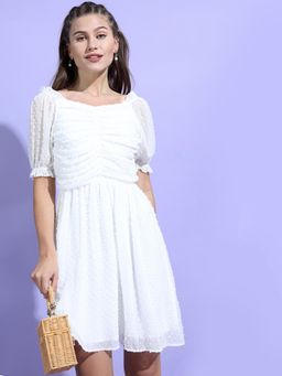 TOKYO TALKIES - Womens White Front Self Design Mini Dress