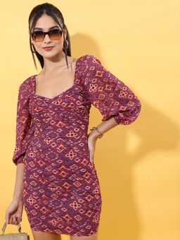 TOKYO TALKIES - Womens Purple Ikkat Printed Short Fitted Dress