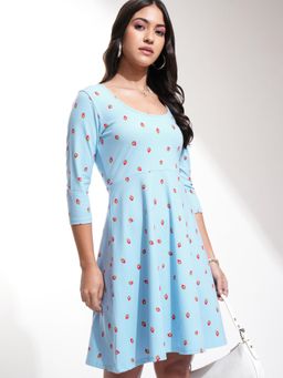 TOKYO TALKIES - Womens Blue All Over Printed Fit Flare Mini Dress