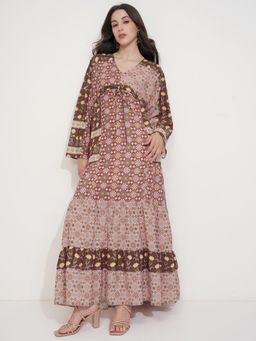 TOKYO TALKIES - Womens Olive Floral Print Flared Maxi Dress