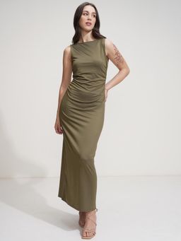 TOKYO TALKIES - Olive Side Ruched Sleeveless Bodycon Maxi Dress