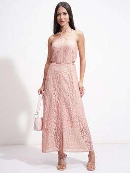 TOKYO TALKIES - Pink Crochet Side Cutout Strappy Maxi Dress