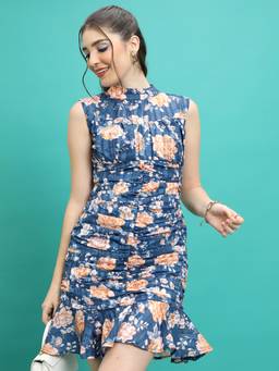 TOKYO TALKIES - Navy Blue Printed High Neck Ruched Mini Dress