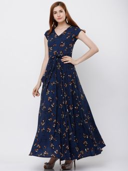 TOKYO TALKIES - Navy Blue Floral Belted Maxi Dress (Set of 2)