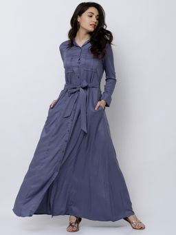 TOKYO TALKIES - Grey Solid Belted Maxi Dress (Set of 2)
