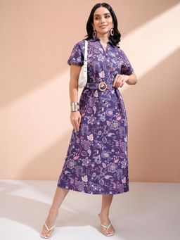 TOKYO TALKIES - Womens Floal A-Line Button Down Shirt Dress