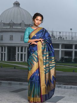 Beatitude - Blue Cotton Jacquard Work Saree with Unstitched Blouse