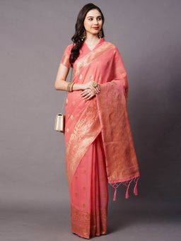 Odette - Pink Festive Cotton Silk Woven Design Saree with Unstitched Blouse