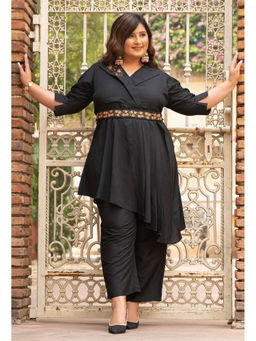 Desi Noor - Plus Size Black Cotton Silk Co-ord with Designer Belt (Set of 3)