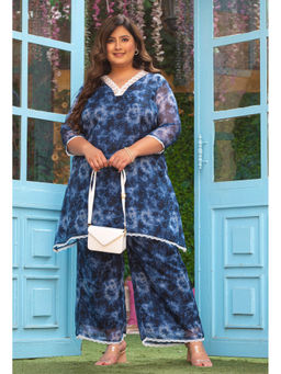Desi Noor - Plus Size Navy Shibori Pure Organza Co-ord (Set of 2)