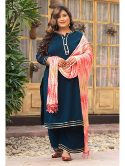 Desi Noor - Plus Size Teal Embellished Kurta with Palazzo and Crushed Pink Dupatta (Set of 3)