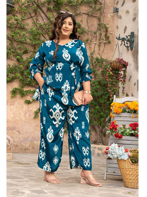 Buy Desi Noor Plus Size Printed Teal Satin Co-ord (Set of 2) Online