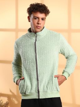 Campus Sutra - Men'S Pistachio Green Self-Design Striped Knitted Jacket
