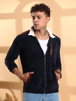 Campus Sutra - Men'S Navy Blue Zip-Front Cable Knit Jacket
