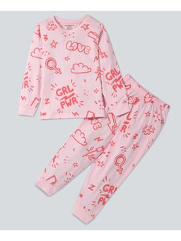 Be Awara - Full Sleeves Cotton T-shirt & Track Pants Girl Power Print Pink (Set of 2)