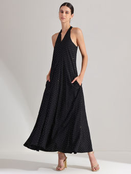 Pink Fort - Silk Blend Black A-Line Maxi Dress