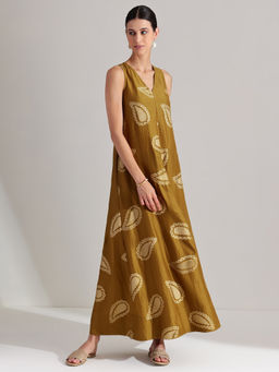 Pink Fort - Silk Blend Mustard Paisley Print Maxi Dress