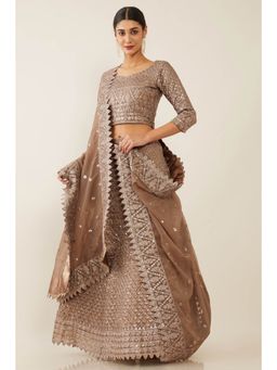 Soch - Women Brown Net Embroidered Lehenga Choli Dress Material (Set of 3)
