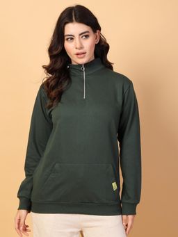 RIGO - Women Bottle Green Oversized Printed Fleece Sweatshirt