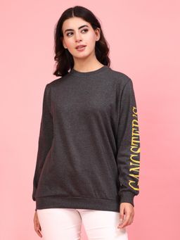 RIGO - Women Charcoal Oversized Printed Fleece Sweatshirt