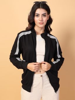 RIGO - Women Black Terry Colorblocked Zipper Jacket